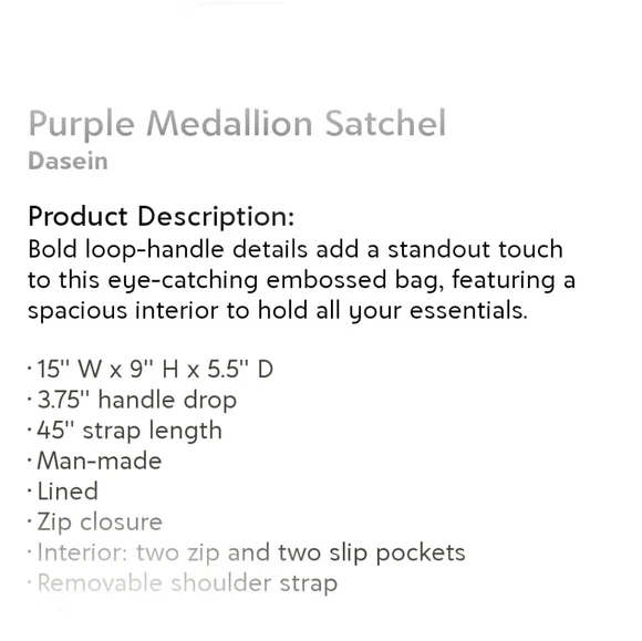 💜DASEIN💜 😺Purple Medallion Satchel (Vegan) bag purse - Picture 3 of 8